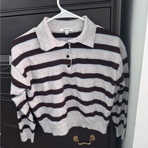 Madewell Striped Collared Knit Sweater in White and Dark Brown